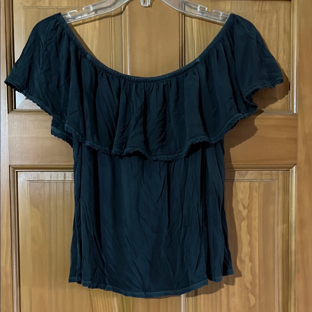 American Eagle Outfitters Black Ruffled Off-the-Shoulder Blouse